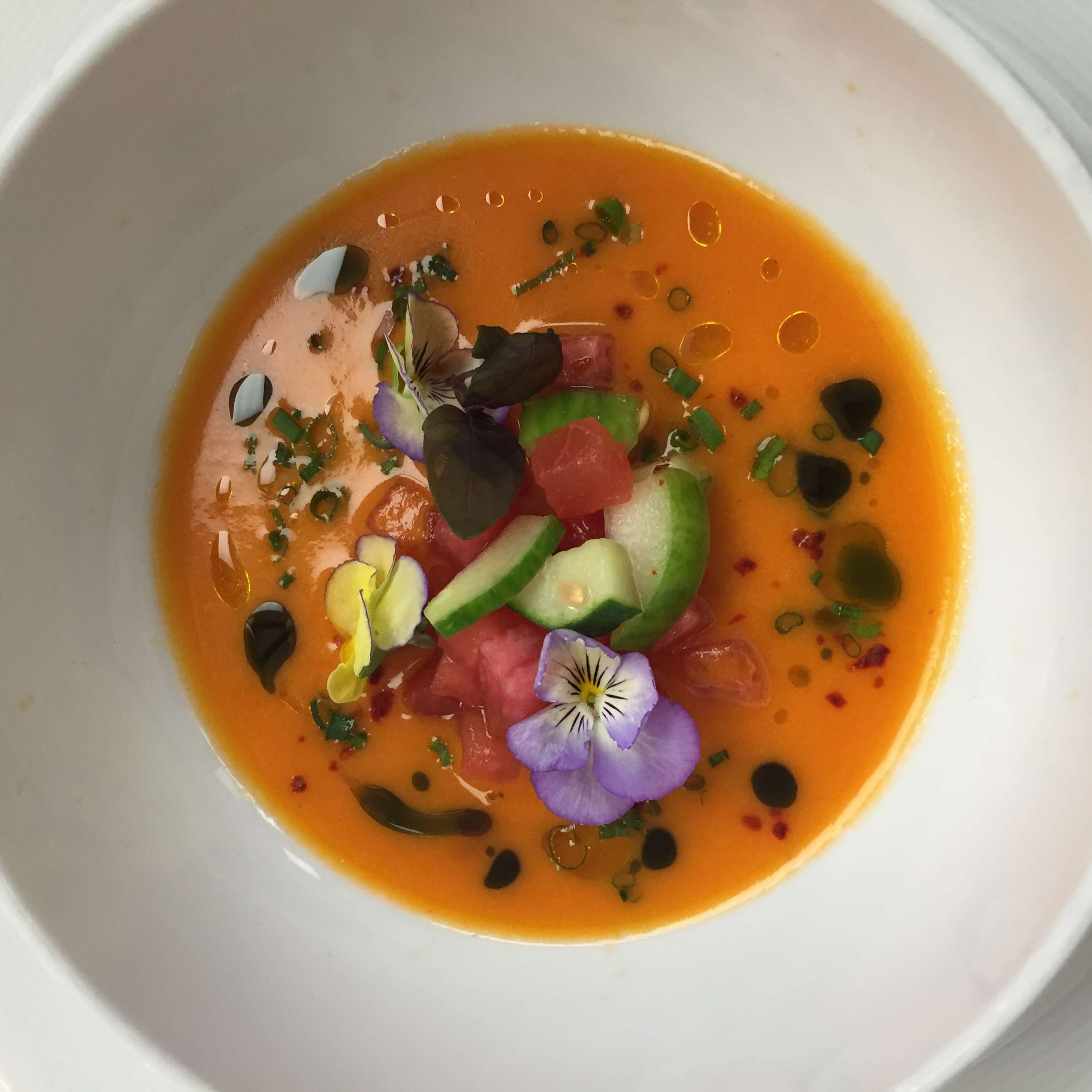 Tomato and Cherry Gazpacho with Cucumbers, Peppers and Sourdough Croutons - Gramercy Tavern NYC