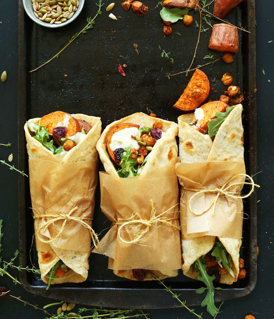 30-minute-fall-bounty-thanksgiving-wraps-roasted-sweet-potatoes-chickpeas-with-cranberries-thyme-and-garlic-dill-sauce-vegan-thanksgiving-entree-dinner-recipe