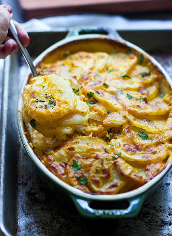 Creamy Pumpkin and Cheddar Scalloped Potatoes - Image & Recipe: Cooking For Keeps